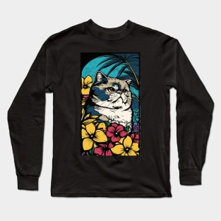 Exotic Shorthair Cat Vibrant Tropical Flower Tall Retro Vintage Digital Pop Art Portrait Long Sleeve T-Shirt